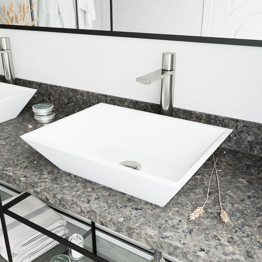 Matte Stone Vinca Composite Rectangular Vessel Bathroom Sink in White with Faucet and Pop-Up Drain in Brushed Nickel