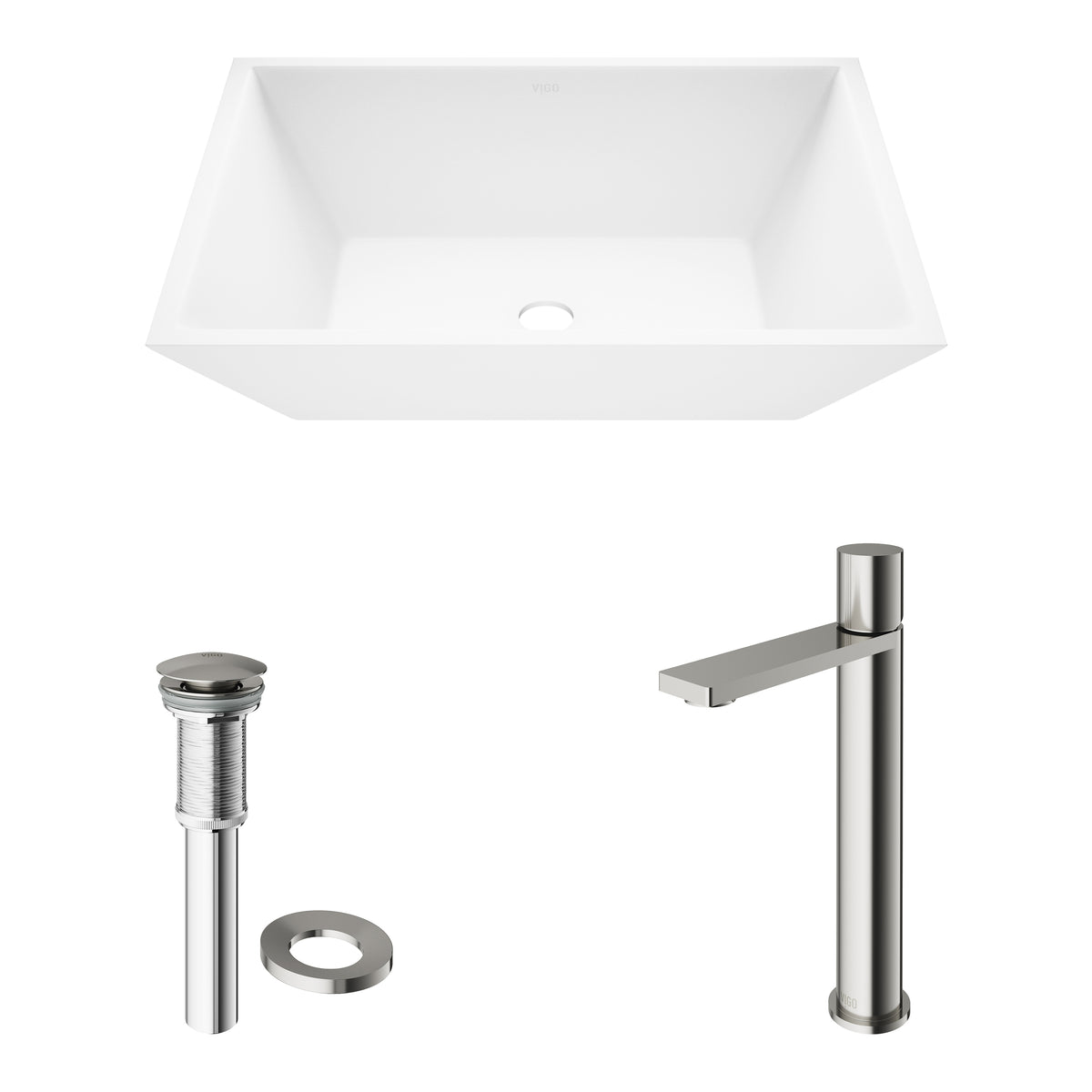 Matte Stone Vinca Composite Rectangular Vessel Bathroom Sink in White with Faucet and Pop-Up Drain in Brushed Nickel