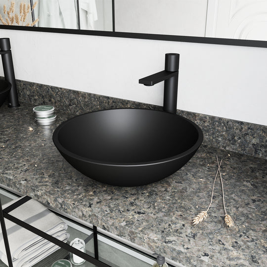 Matte Shell Cavalli Glass Round Vessel Bathroom Sink in Black with Gotham Faucet and Pop-Up Drain in Matte Black