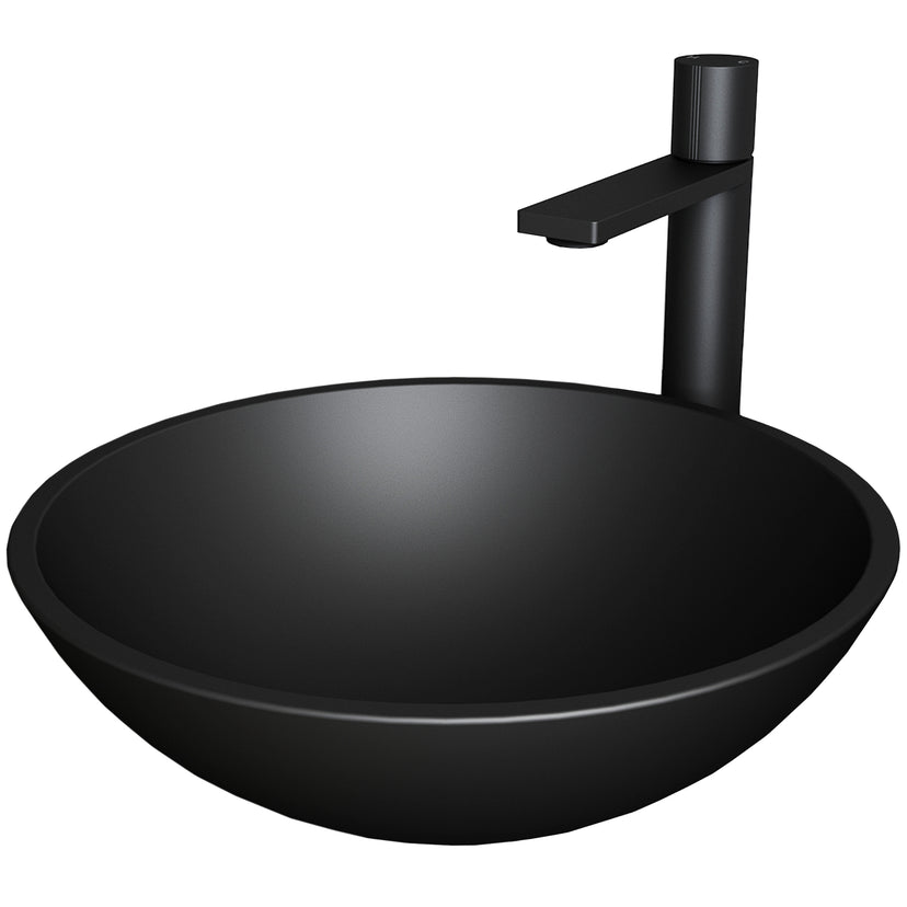Matte Shell Cavalli Glass Round Vessel Bathroom Sink in Black with Gotham Faucet and Pop-Up Drain in Matte Black