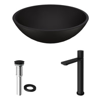 Matte Shell Cavalli Glass Round Vessel Bathroom Sink in Black with Gotham Faucet and Pop-Up Drain in Matte Black