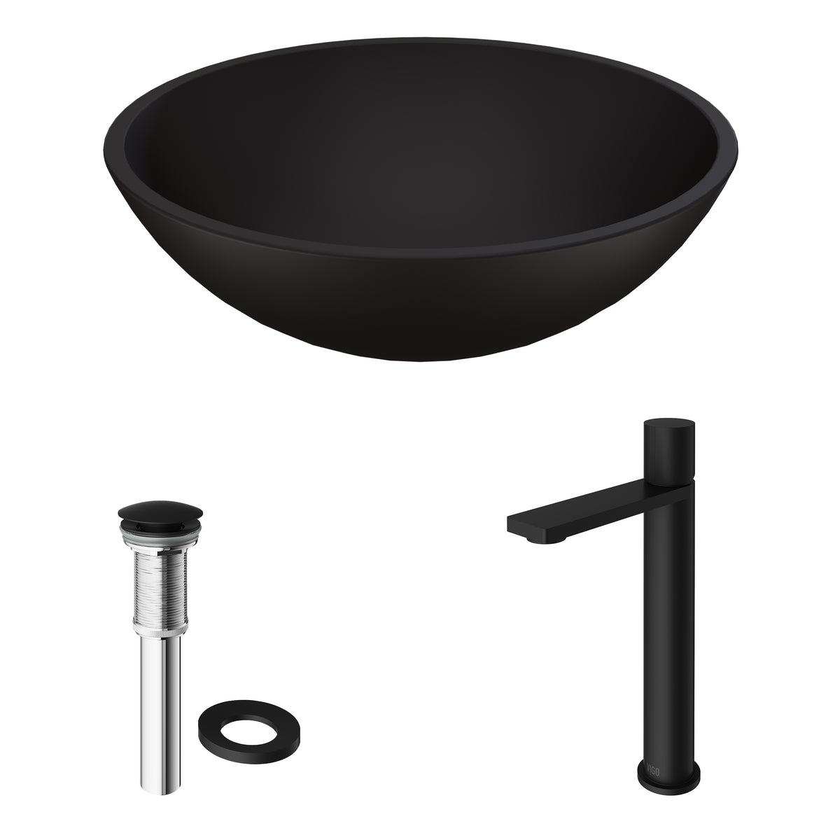 Matte Shell Cavalli Glass Round Vessel Bathroom Sink in Black with Gotham Faucet and Pop-Up Drain in Matte Black