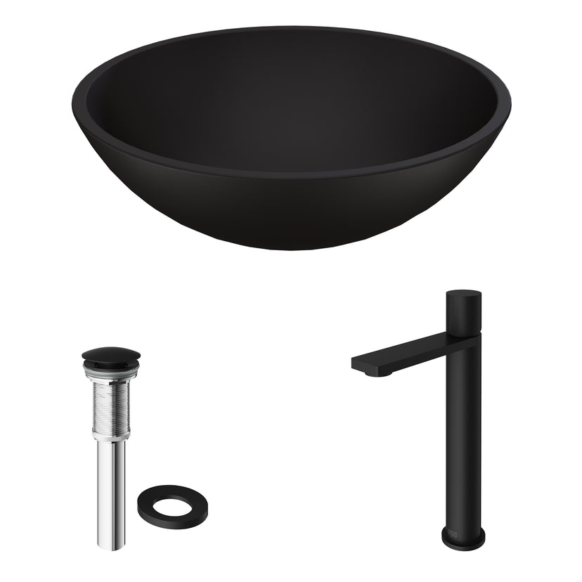 Matte Shell Cavalli Glass Round Vessel Bathroom Sink in Black with Gotham Faucet and Pop-Up Drain in Matte Black