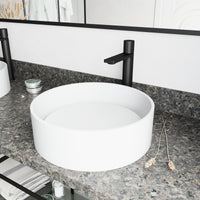 Matte Stone Anvil Composite Round Vessel Bathroom Sink in White with Gotham Faucet and Pop-Up Drain in Matte Black