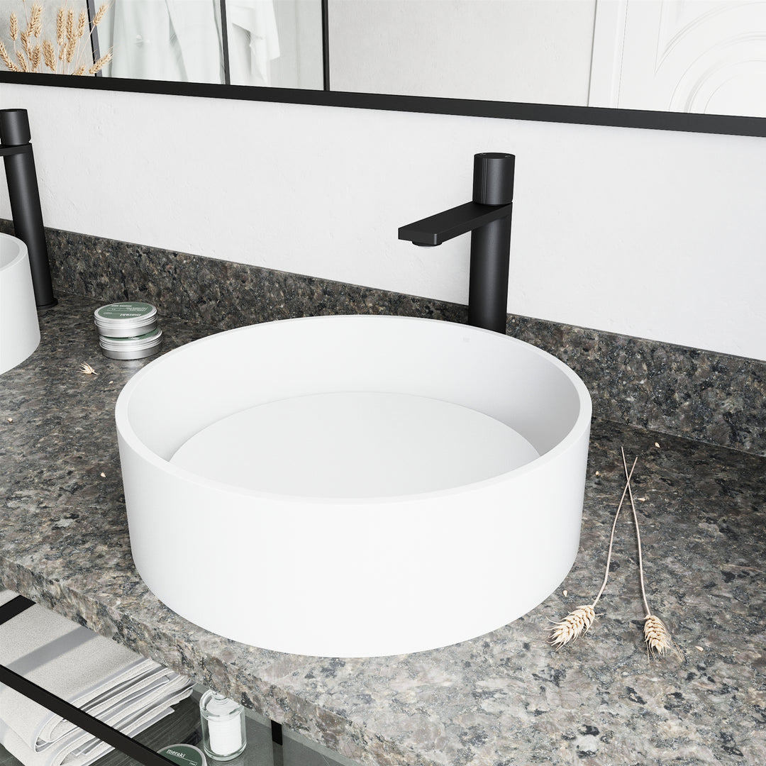 Matte Stone Anvil Composite Round Vessel Bathroom Sink in White with Gotham Faucet and Pop-Up Drain in Matte Black