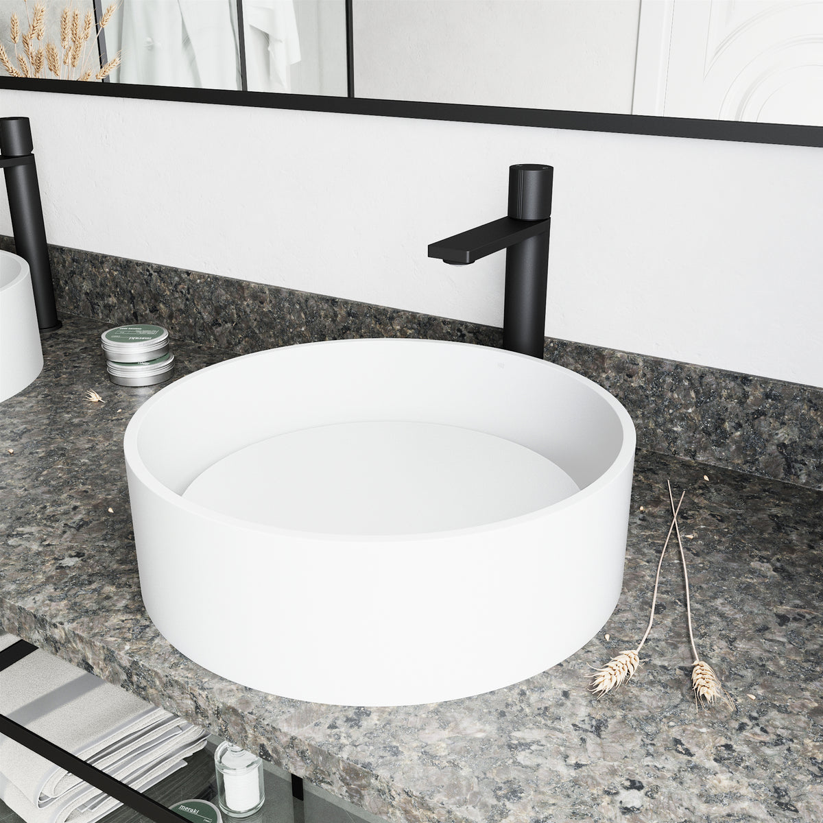 Matte Stone Anvil Composite Round Vessel Bathroom Sink in White with Gotham Faucet and Pop-Up Drain in Matte Black