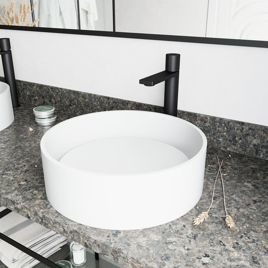 Matte Stone Anvil Composite Round Vessel Bathroom Sink in White with Gotham Faucet and Pop-Up Drain in Matte Black