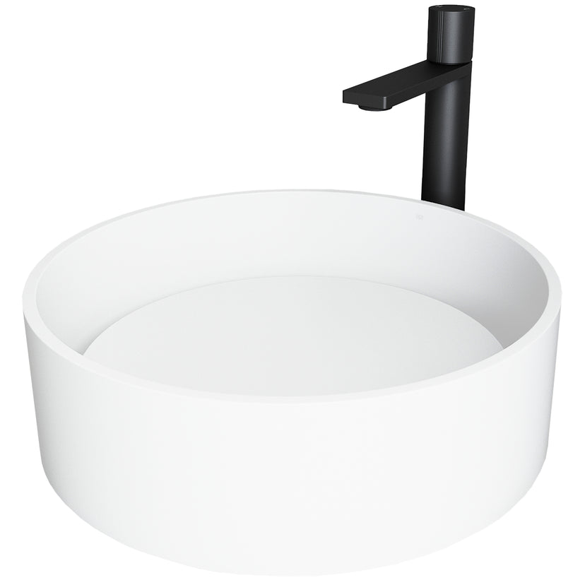 Matte Stone Anvil Composite Round Vessel Bathroom Sink in White with Gotham Faucet and Pop-Up Drain in Matte Black