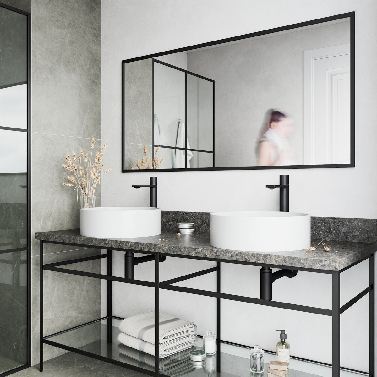 Matte Stone Anvil Composite Round Vessel Bathroom Sink in White with Gotham Faucet and Pop-Up Drain in Matte Black