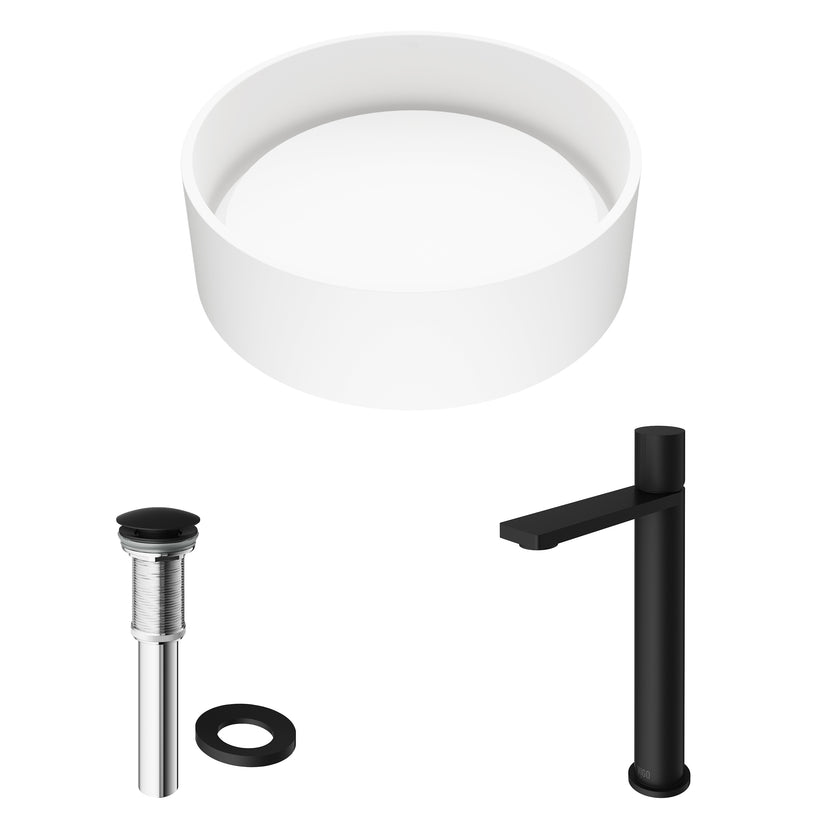 Matte Stone Anvil Composite Round Vessel Bathroom Sink in White with Gotham Faucet and Pop-Up Drain in Matte Black