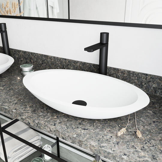 Matte Stone Wisteria Composite Oval Vessel Bathroom Sink in White with Gotham Faucet and Pop-Up Drain in Matte Black