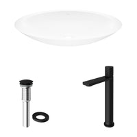 Matte Stone Wisteria Composite Oval Vessel Bathroom Sink in White with Gotham Faucet and Pop-Up Drain in Matte Black