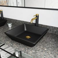 Matte Shell Roma Glass Square Vessel Bathroom Sink in Black with Lexington Faucet and Pop-Up Drain in Matte Gold