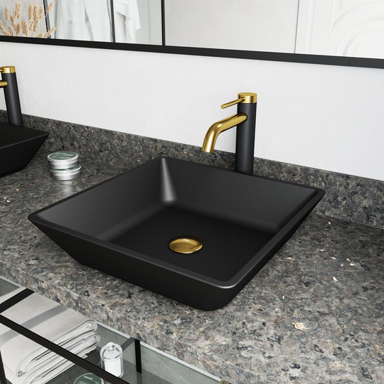 Matte Shell Roma Glass Square Vessel Bathroom Sink in Black with Lexington Faucet and Pop-Up Drain in Matte Gold