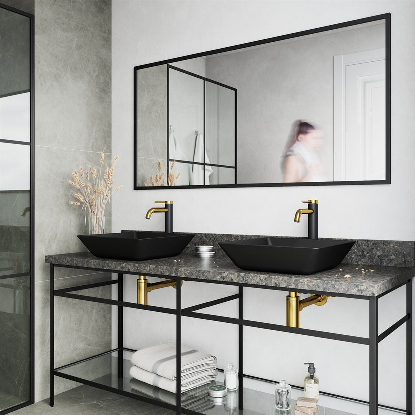Matte Shell Roma Glass Square Vessel Bathroom Sink in Black with Lexington Faucet and Pop-Up Drain in Matte Gold