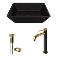 Matte Shell Roma Glass Square Vessel Bathroom Sink in Black with Lexington Faucet and Pop-Up Drain in Matte Gold