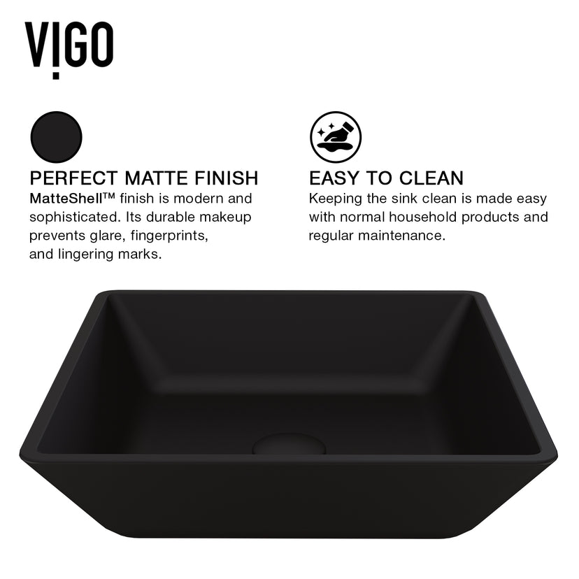 Matte Shell Roma Glass Square Vessel Bathroom Sink in Black with Lexington Faucet and Pop-Up Drain in Matte Gold