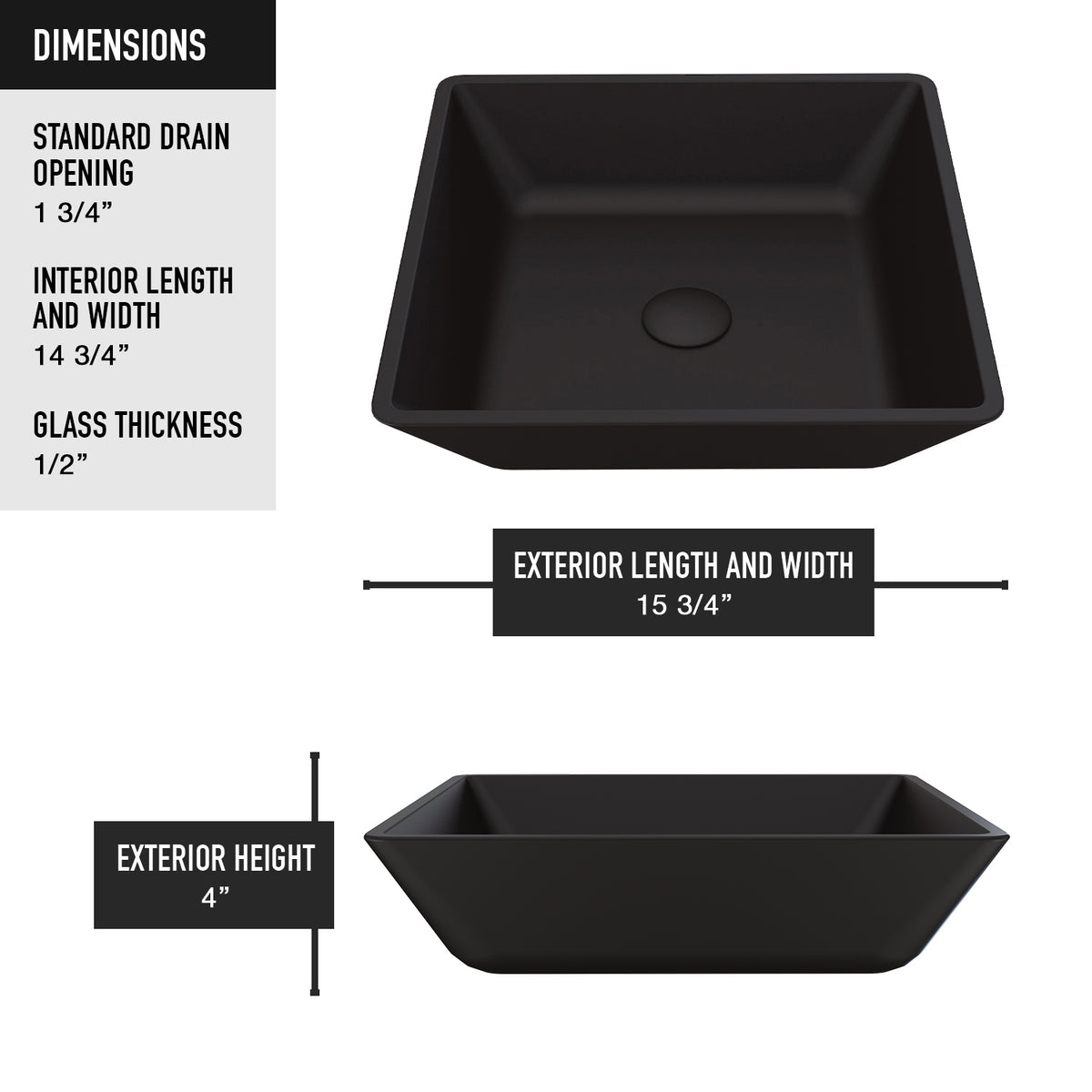 Matte Shell Roma Glass Square Vessel Bathroom Sink in Black with Lexington Faucet and Pop-Up Drain in Matte Gold