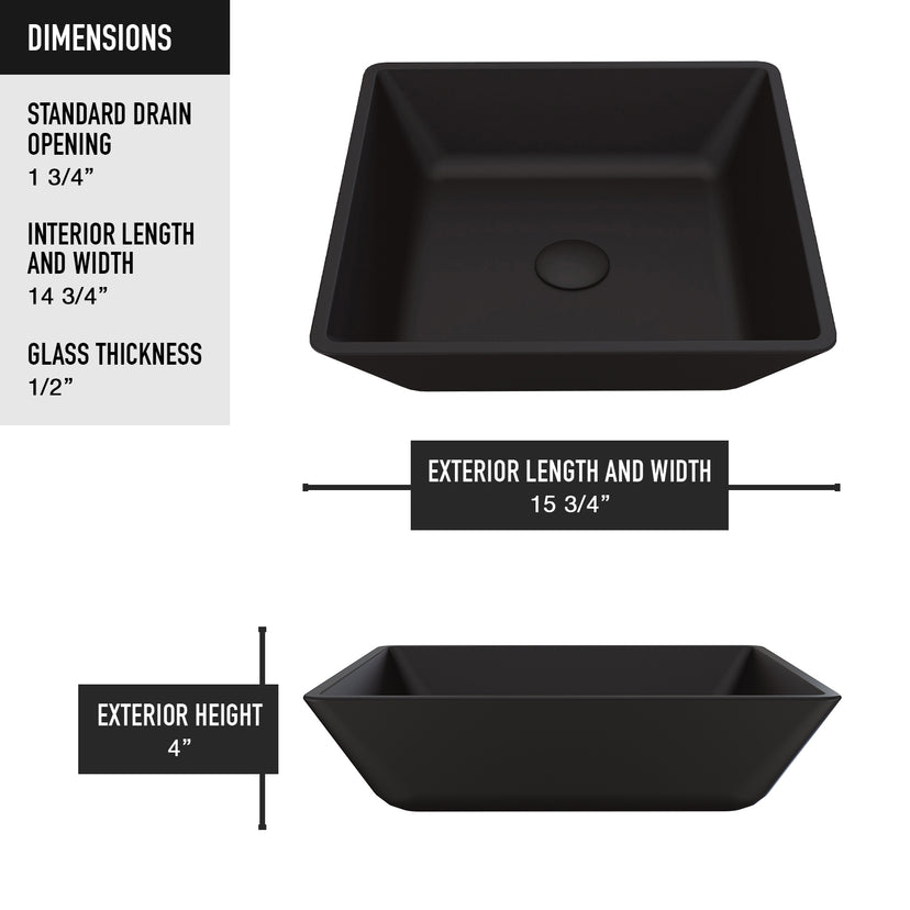 Matte Shell Roma Glass Square Vessel Bathroom Sink in Black with Lexington Faucet and Pop-Up Drain in Matte Gold