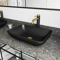 Matte Shell Sottile Glass Rectangular Vessel Bathroom Sink in Black with Lexington Faucet and Pop-Up Drain in Matte Gold