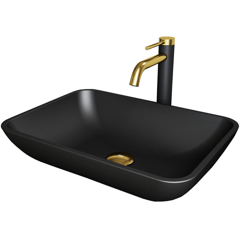 Matte Shell Sottile Glass Rectangular Vessel Bathroom Sink in Black with Lexington Faucet and Pop-Up Drain in Matte Gold