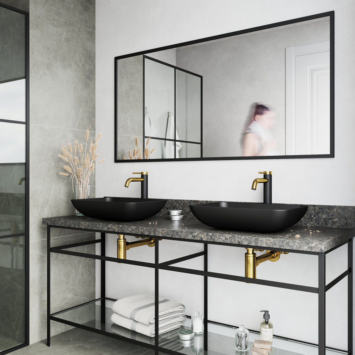 Matte Shell Sottile Glass Rectangular Vessel Bathroom Sink in Black with Lexington Faucet and Pop-Up Drain in Matte Gold