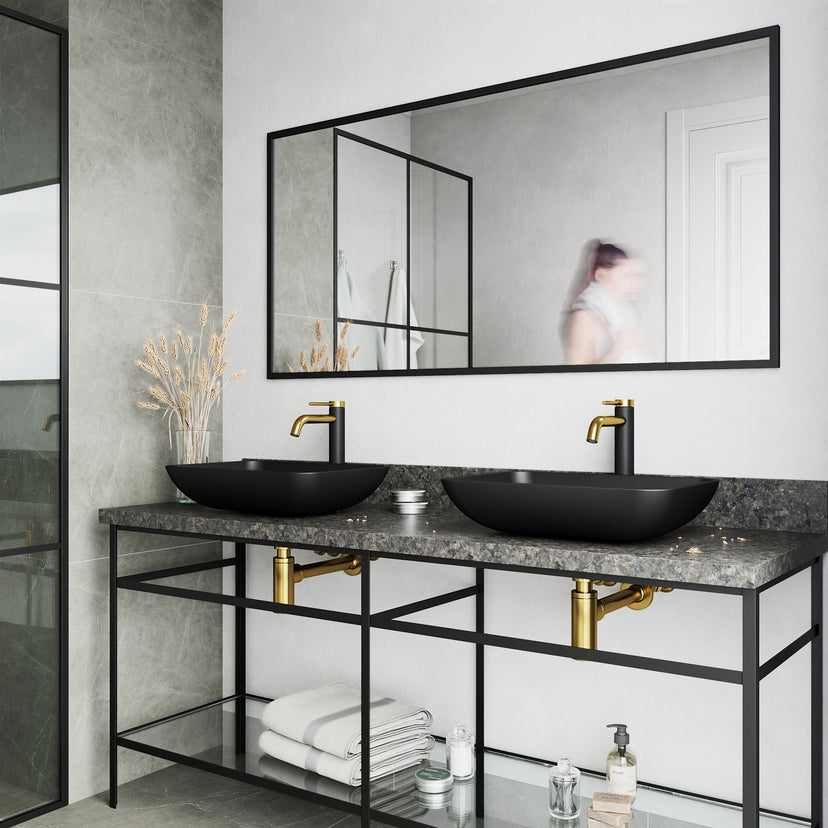 Matte Shell Sottile Glass Rectangular Vessel Bathroom Sink in Black with Lexington Faucet and Pop-Up Drain in Matte Gold