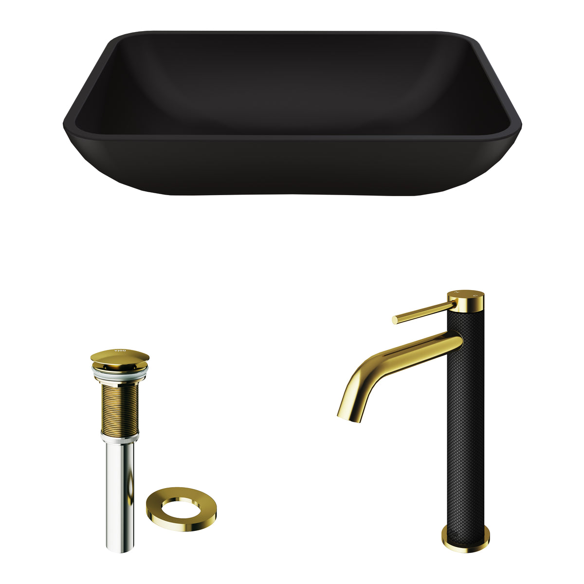 Matte Shell Sottile Glass Rectangular Vessel Bathroom Sink in Black with Lexington Faucet and Pop-Up Drain in Matte Gold