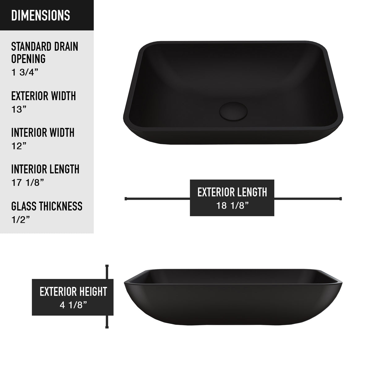 Matte Shell Sottile Glass Rectangular Vessel Bathroom Sink in Black with Lexington Faucet and Pop-Up Drain in Matte Gold