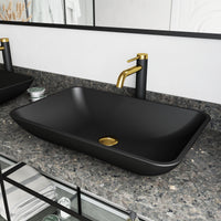 Matte Shell Hadyn Glass Rectangular Vessel Bathroom Sink in Black with Lexington Faucet and Pop-Up Drain in Matte Gold