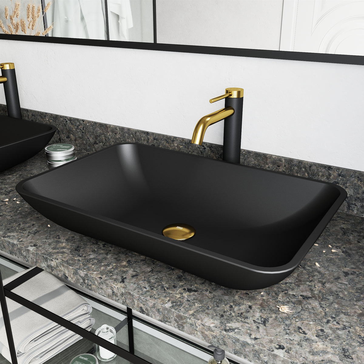 Matte Shell Hadyn Glass Rectangular Vessel Bathroom Sink in Black with Lexington Faucet and Pop-Up Drain in Matte Gold