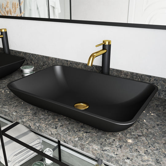 Matte Shell Hadyn Glass Rectangular Vessel Bathroom Sink in Black with Lexington Faucet and Pop-Up Drain in Matte Gold