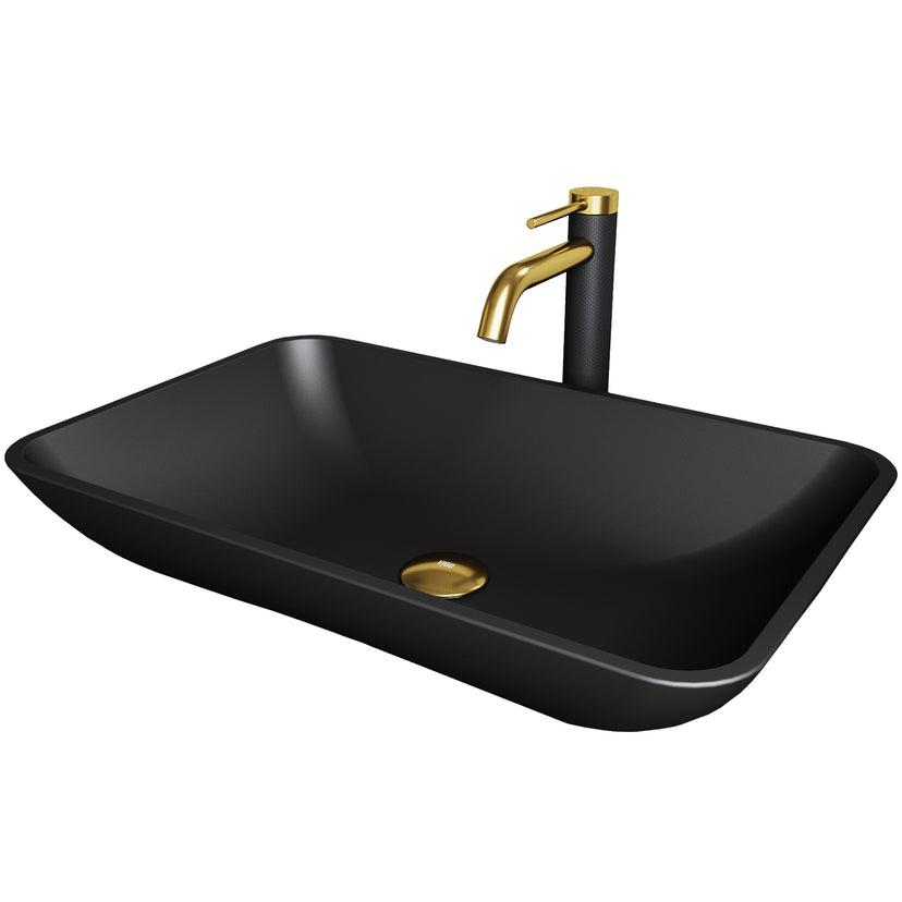 Matte Shell Hadyn Glass Rectangular Vessel Bathroom Sink in Black with Lexington Faucet and Pop-Up Drain in Matte Gold
