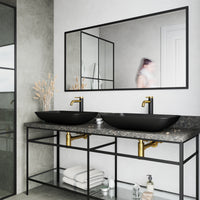 Matte Shell Hadyn Glass Rectangular Vessel Bathroom Sink in Black with Lexington Faucet and Pop-Up Drain in Matte Gold