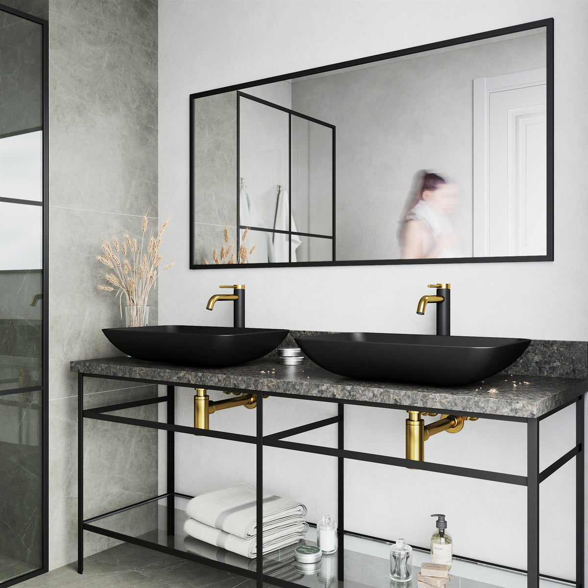 Matte Shell Hadyn Glass Rectangular Vessel Bathroom Sink in Black with Lexington Faucet and Pop-Up Drain in Matte Gold
