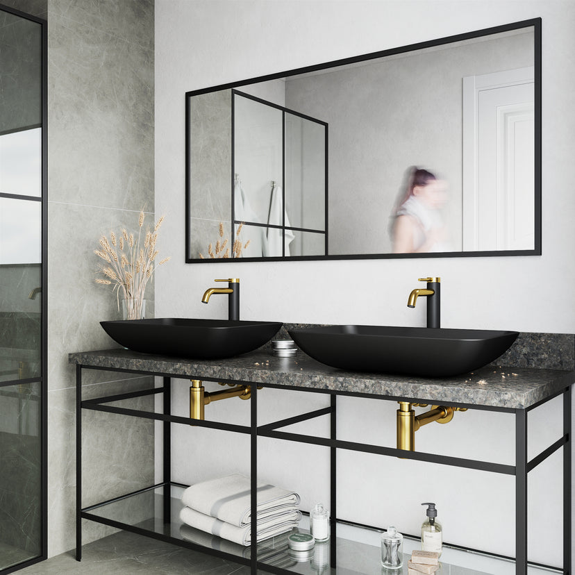 Matte Shell Hadyn Glass Rectangular Vessel Bathroom Sink in Black with Lexington Faucet and Pop-Up Drain in Matte Gold