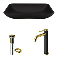 Matte Shell Hadyn Glass Rectangular Vessel Bathroom Sink in Black with Lexington Faucet and Pop-Up Drain in Matte Gold
