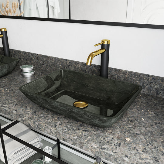 Glass Rectangular Vessel Bathroom Sink in Onyx Gray with Lexington Faucet and Pop-Up Drain in Matte Gold