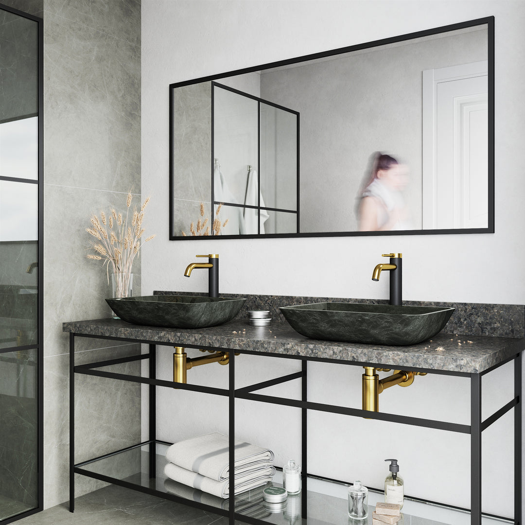 Glass Rectangular Vessel Bathroom Sink in Onyx Gray with Lexington Faucet and Pop-Up Drain in Matte Gold