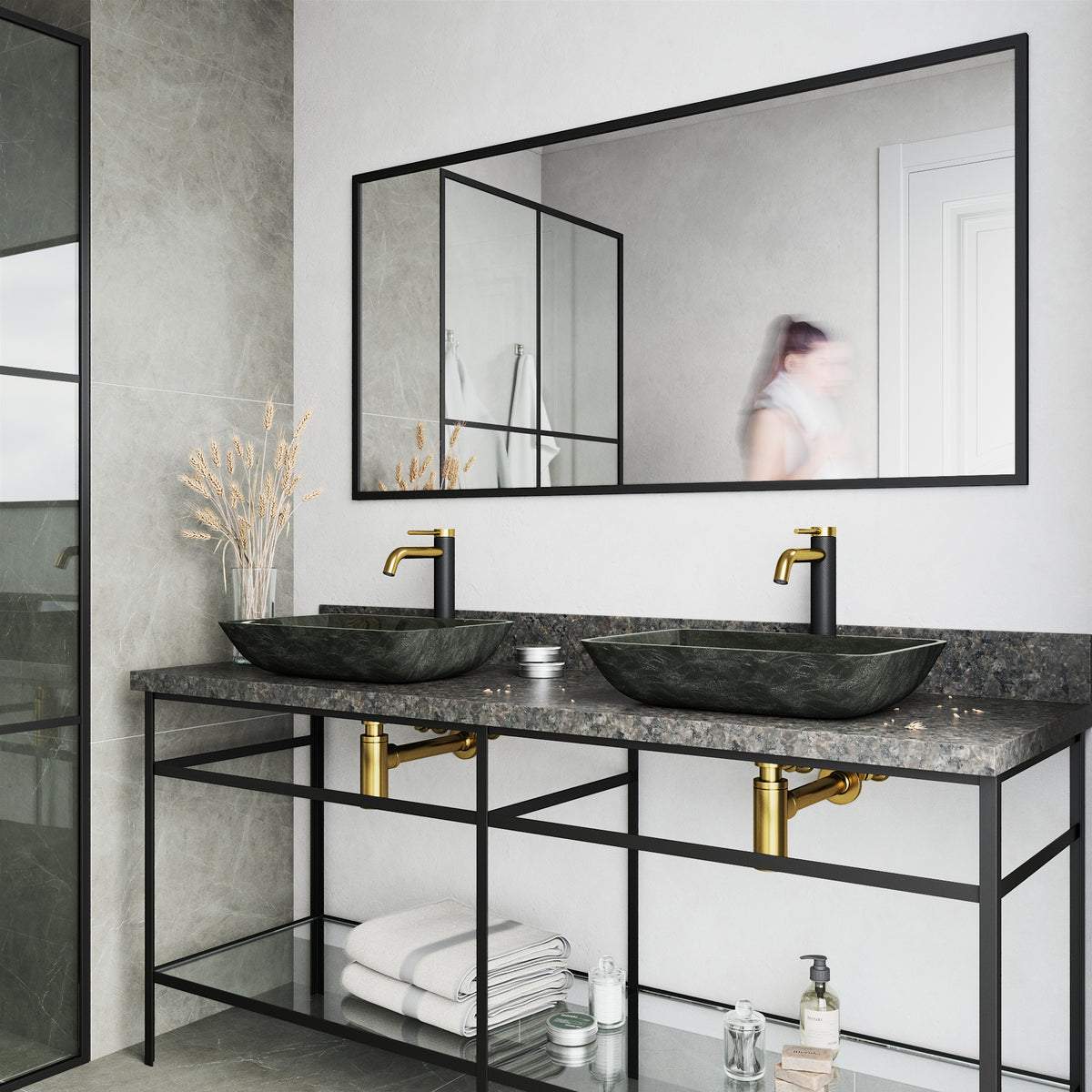 Glass Rectangular Vessel Bathroom Sink in Onyx Gray with Lexington Faucet and Pop-Up Drain in Matte Gold