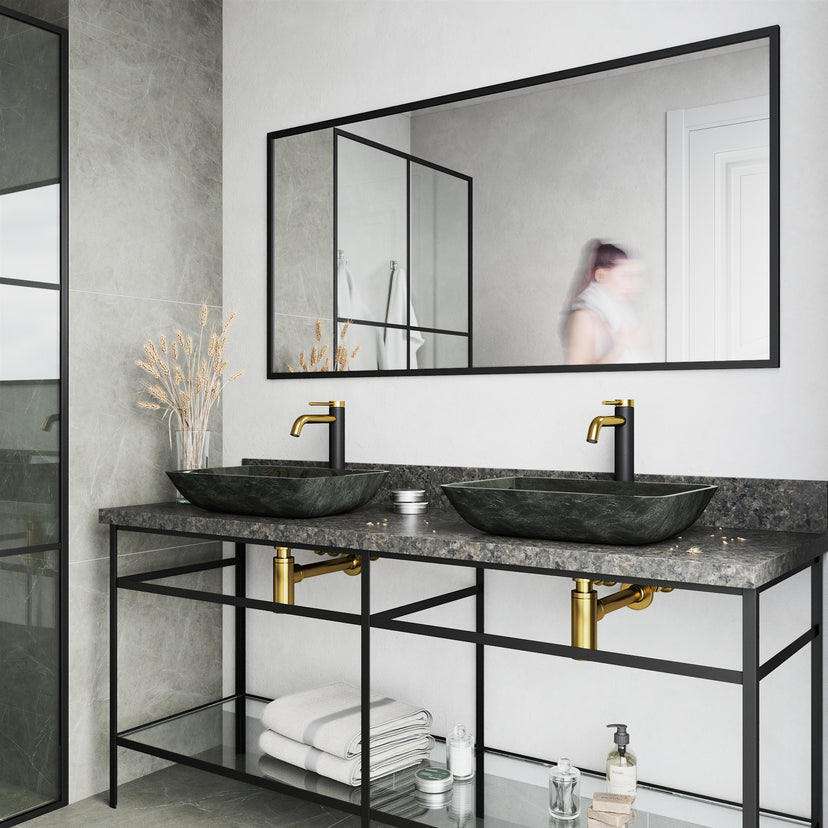 Glass Rectangular Vessel Bathroom Sink in Onyx Gray with Lexington Faucet and Pop-Up Drain in Matte Gold