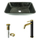 Glass Rectangular Vessel Bathroom Sink in Onyx Gray with Lexington Faucet and Pop-Up Drain in Matte Gold