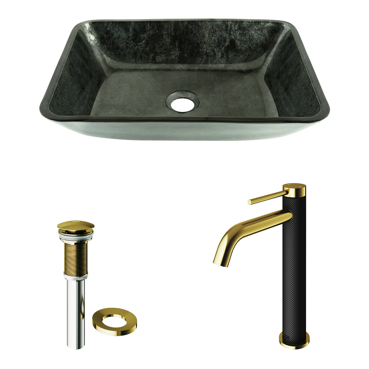Glass Rectangular Vessel Bathroom Sink in Onyx Gray with Lexington Faucet and Pop-Up Drain in Matte Gold