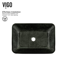 Glass Rectangular Vessel Bathroom Sink in Onyx Gray with Lexington Faucet and Pop-Up Drain in Matte Gold