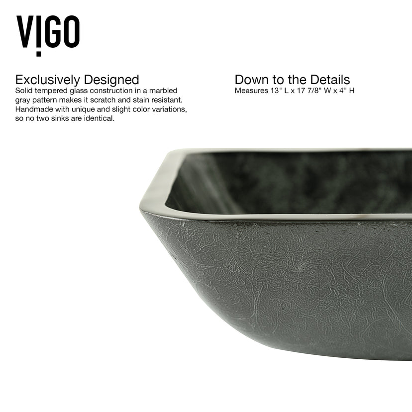 Glass Rectangular Vessel Bathroom Sink in Onyx Gray with Lexington Faucet and Pop-Up Drain in Matte Gold