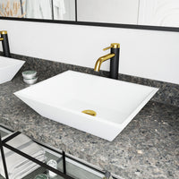 Matte Stone Vinca Composite Rectangular Vessel Bathroom Sink in White with Faucet and Pop-Up Drain in Matte Gold