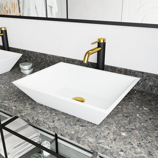 Matte Stone Vinca Composite Rectangular Vessel Bathroom Sink in White with Faucet and Pop-Up Drain in Matte Gold