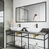 Matte Stone Vinca Composite Rectangular Vessel Bathroom Sink in White with Faucet and Pop-Up Drain in Matte Gold