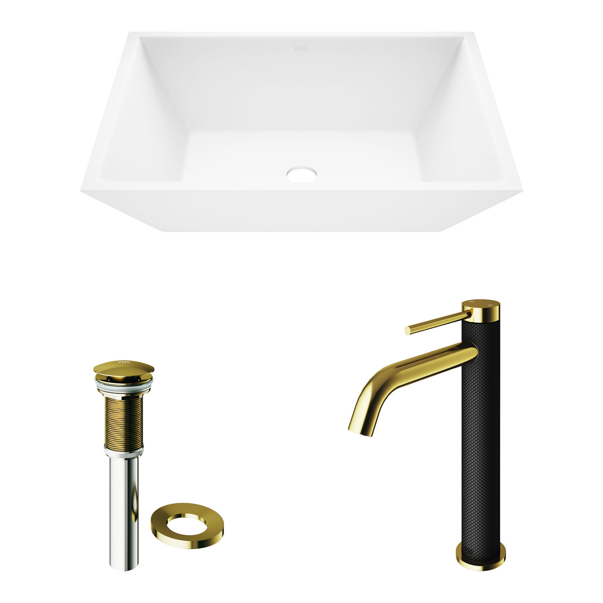 Matte Stone Vinca Composite Rectangular Vessel Bathroom Sink in White with Faucet and Pop-Up Drain in Matte Gold