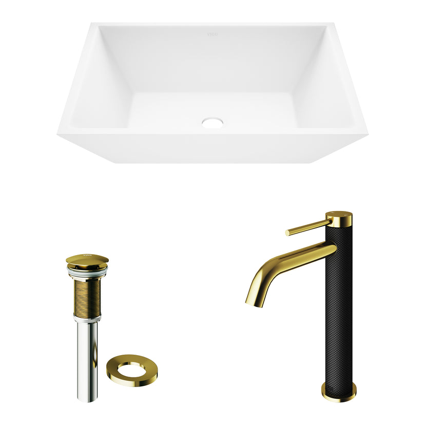 Matte Stone Vinca Composite Rectangular Vessel Bathroom Sink in White with Faucet and Pop-Up Drain in Matte Gold